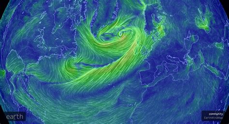 An interactive map showing wind movement around the world. (Image shows a storm currently ...