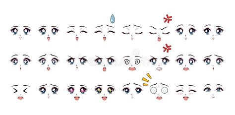 Set of Cartoon Anime Style Expressions. Blue Eyes, Pink Lips. Stock ...