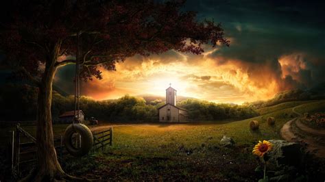 Online crop | gray church near on garden wallpaper, church, clouds, sunset, swing HD wallpaper ...