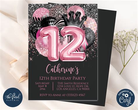 12th Birthday Invitation Template Editable Black and Pink - Etsy Australia