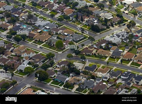 Aerial of Baldwin Hills neighborhood, Los Angeles, California, USA ...