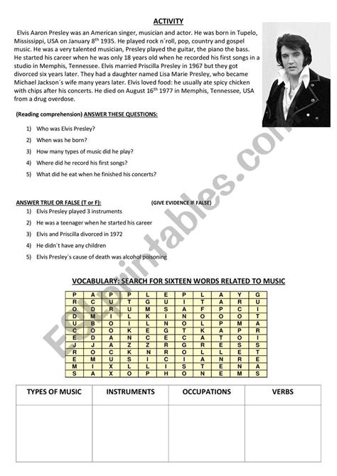 Elvis Presley biography plus music wordsearch - ESL worksheet by martin ...