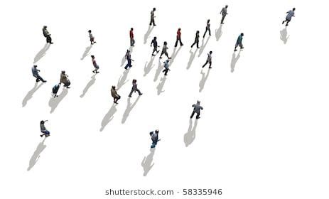 a group of people walking across a white floor with shadows on the ground and in the air