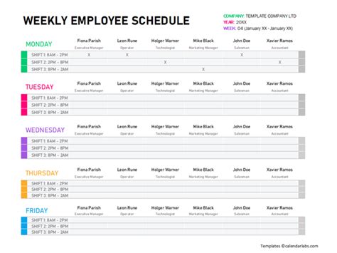 Weekly Employee Schedule Template - Free Printable Templates