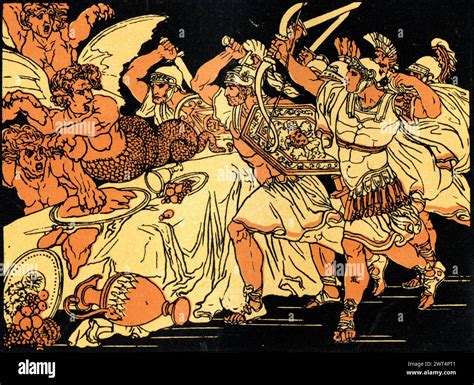 Vintage illustration Roman Mythology, Battle with harpies, Aeneid a ...