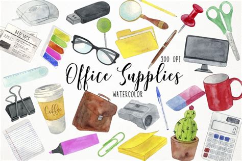 Watercolor Office Supplies Clipart, Work Clipart, Secretary