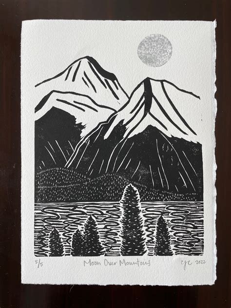 Linocut Print, Relief Print, Handmade, Mountain Scene, Artwork - Etsy