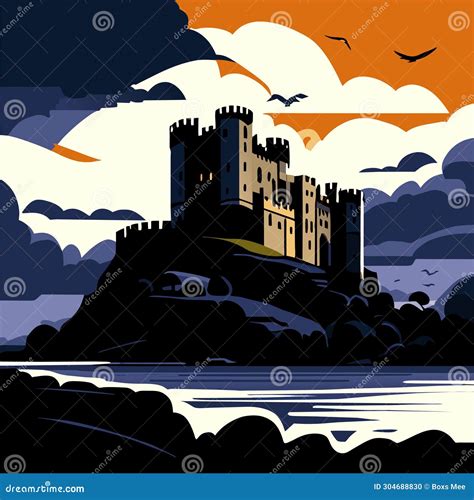 Castle on the Rock in the Sea at Sunset. Vector Illustration Generative AI Stock Illustration ...