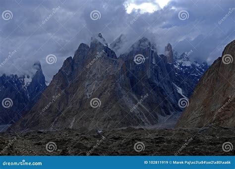 Trango Towers from Urdukas stock image. Image of paiju - 102811919