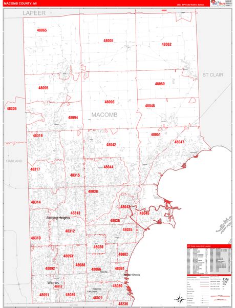 Macomb County, MI Zip Code Wall Map Red Line Style by MarketMAPS - MapSales