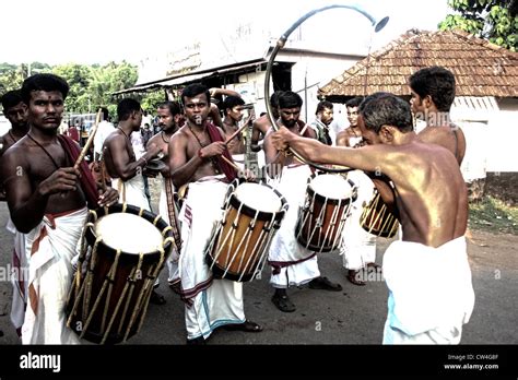 Typical Chenda Melam musical performance in the courtyard of a temple ...