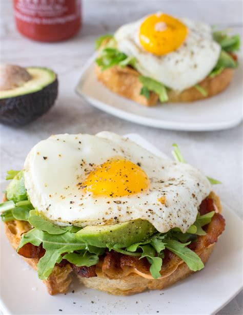 Open-Face Egg Sandwiches with Bacon, Avocado, & Sriracha Aioli - Yes to Yolks