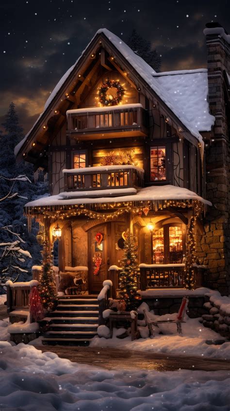 A Christmas cabin blanketed in snow and lit with a warm glow emanates feelings of comfort and ...