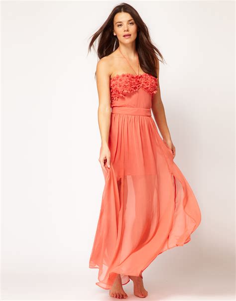 River Island River Island 3d Flower Chiffon Bandeau Maxi Dress in Coral ...