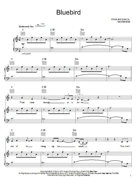 Bluebird by Sara Bareilles Sheet Music for Piano, Vocal & Guitar Chords ...