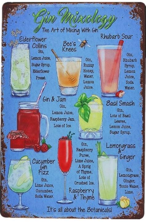 a poster with different types of drinks and names on it's front cover, including gin