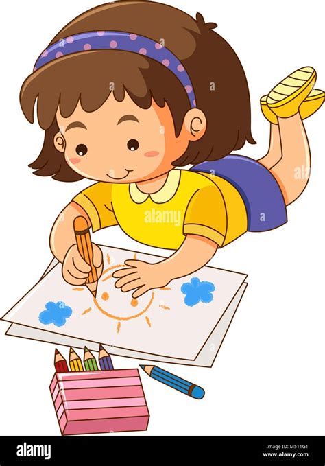 Little girl drawing sun on paper illustration Stock Vector Image & Art ...