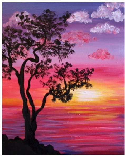 Tree silhouette sunset painting in pinks, orange and yellow. Easy Landscape Paintings, Landscape ...