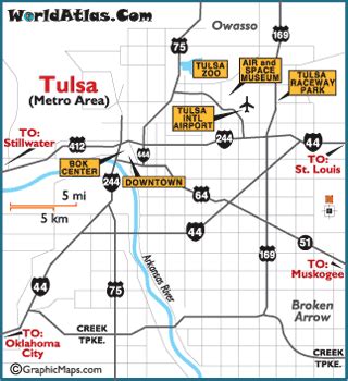 Tulsa Map - Tulsa Air and Space Museum, Tulsa Raceway, Oklahoma Cities Vacation - Worldatlas.com