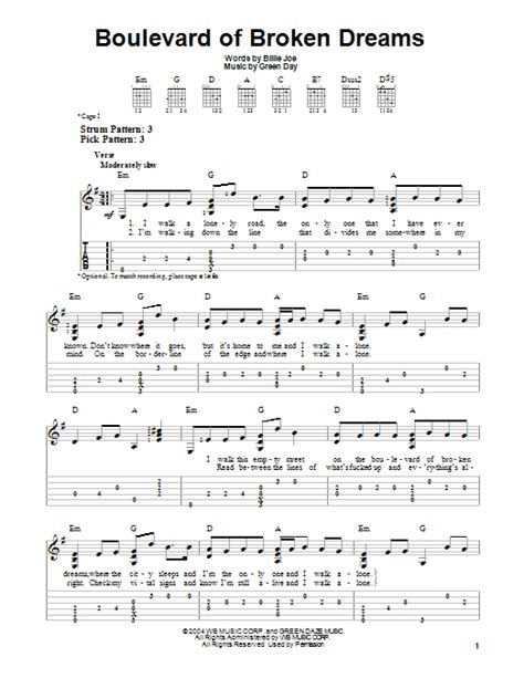 Boulevard Of Broken Dreams sheet music by Green Day (Easy Guitar Tab ...