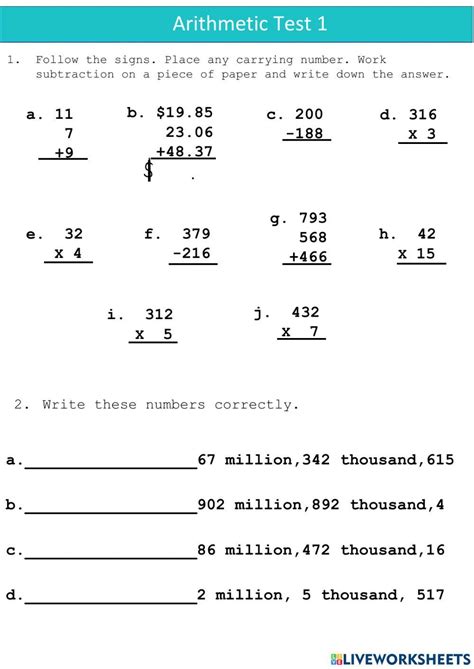 Arithmetic Test 1 846041 | MIss Irene | Live Worksheets