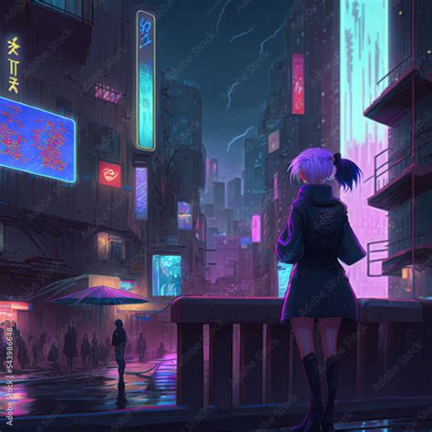 anime girl in cyberpunk city Stock Illustration | Adobe Stock