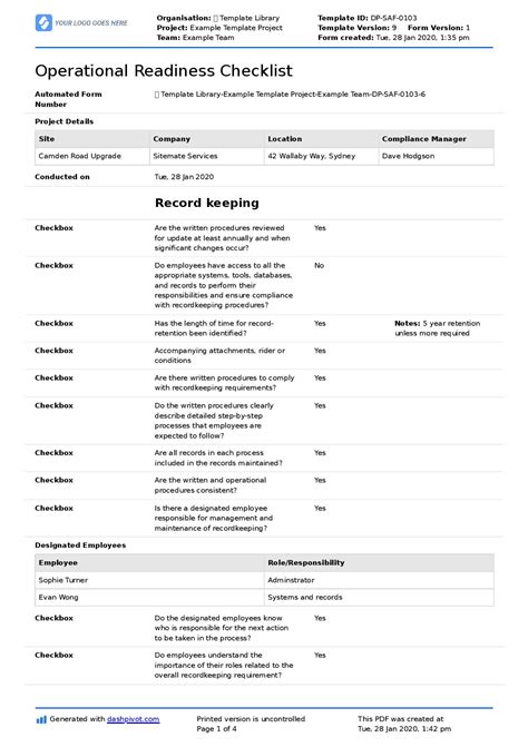 Operational Readiness Template: Use to Checklist, Plan & Review