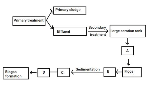 Given below is the flow chart of sewage treatment. Identify A, B, C and D and select the correct ...