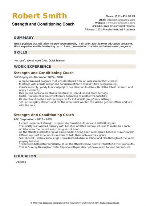 Strength And Conditioning Coach Resume Samples | QwikResume