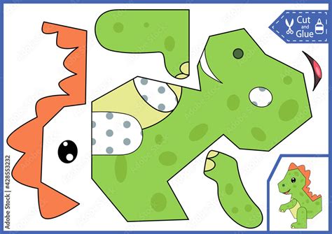 Kids craft activity page. Cut and glue the paper a cute dinosaur. Children art game. Simple easy ...