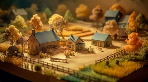 Premium AI Image | A miniature model of a village with trees and a field in the background.