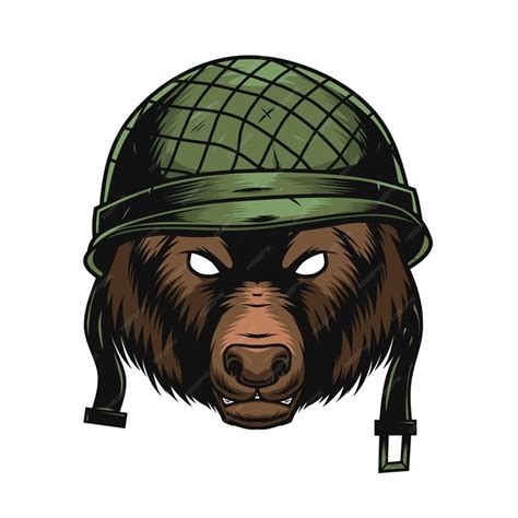 Premium Vector | Bear head wearing military helmet vector drawing