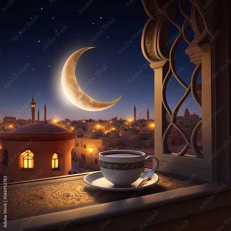 The crescent of the holy month of Ramadan at night, the concept of ...