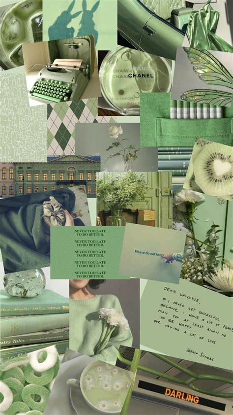 a collage of green and white items