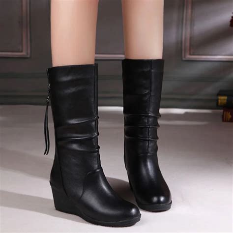 Womens Black Leather Mid Calf Boots