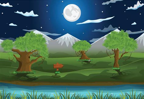 Vector illustration of cartoon night landscape background with full moon, stars, mountain, trees ...