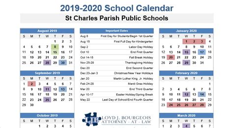 Printable St Charles Parish School Calendar | Loyd J Bourgeois, LLC