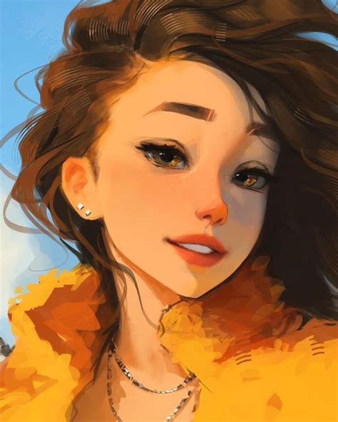 a digital painting of a woman with long brown hair wearing a yellow jacket and diamond necklace