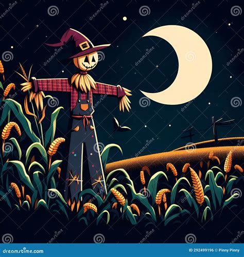 A Halloween Scene of Scarecrow in a Corn Field at a Night with Moon, No ...