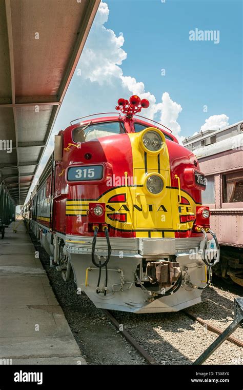 The Santa Fe Super Chief warbonnet vintage train locomotive at Galveston Railway museum Stock ...