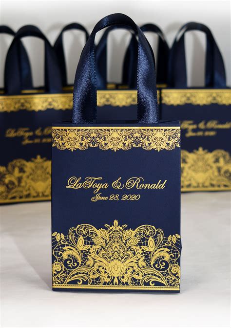 35 Navy Blue and Gold Personalized Bags with satin ribbon, print lace ...