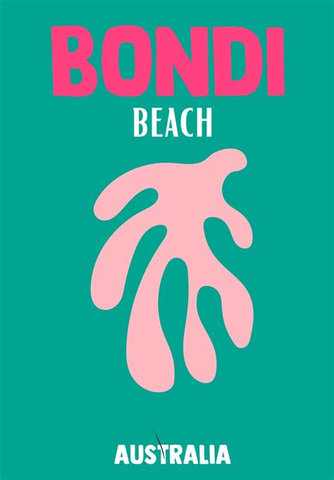 a poster with the words bondi beach in pink and green, on a teal background