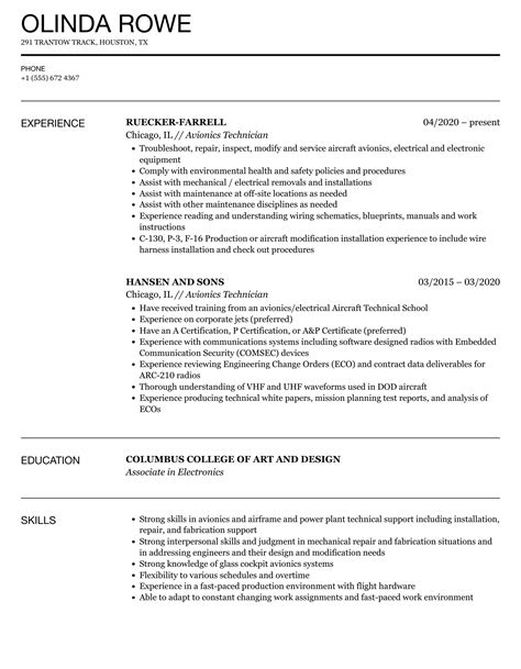 Avionics Technician Resume Samples | Velvet Jobs