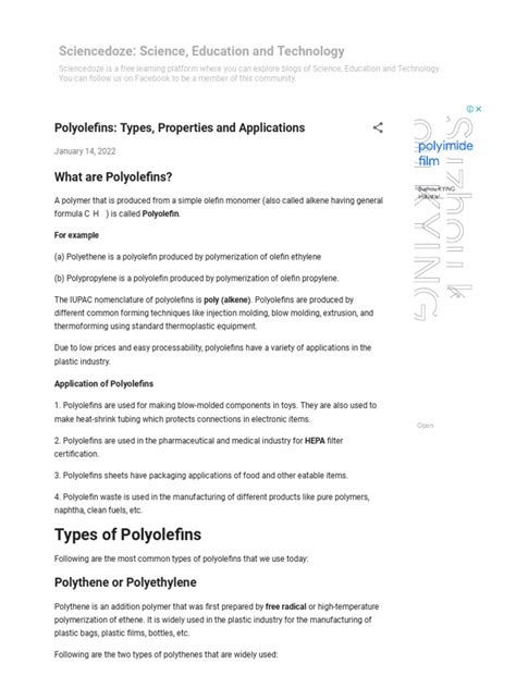 Polyolefins - Types, Properties and Applications | PDF | Polyethylene ...