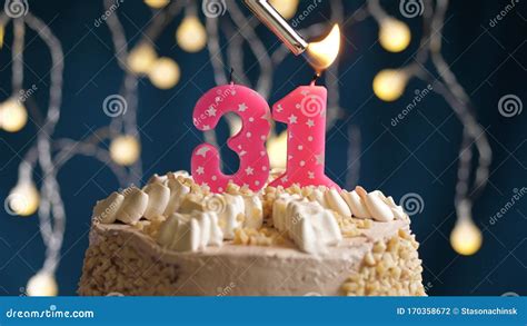 Birthday Cake with 31 Number Pink Candle on Blue Backgraund. Candles are Set on Fire Stock Photo ...