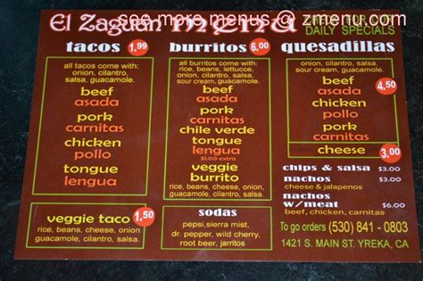 Menu at El Zaguan Taqueria restaurant, Yreka