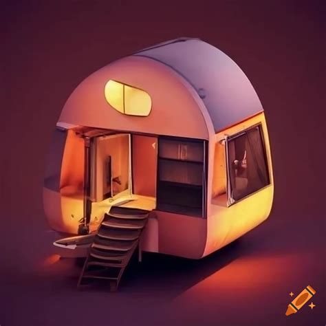 Retro futuristic modular pop-up camper in scandinavian cyberpunk style