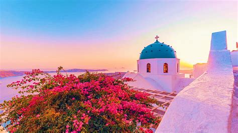 Santorini, Grecia - Bougainvillea, Mar Egeo, flores, puesta de sol, mar ...