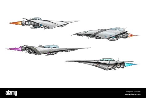 Set of spacecraft or spaceship designs, side view concept art on white ...