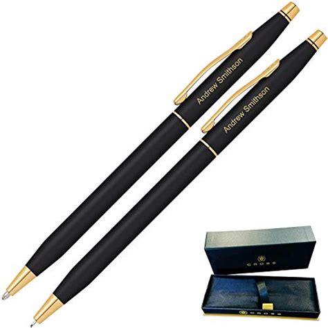 Engraved Cross Pen Set | Personalized Cross Classic Century Black Pen and Pencil Set, Gold Trim ...